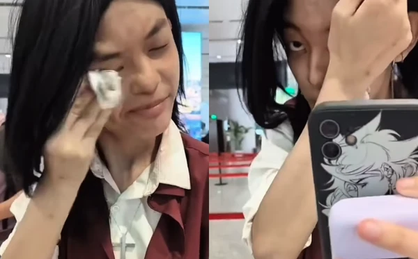Nas imagens, a mulher aparece séria, usando um lenço umedecido para limpar o rosto, enquanto é repreendida por um funcionário do aeroporto -  (crédito: Reprodução/Redes Sociais)