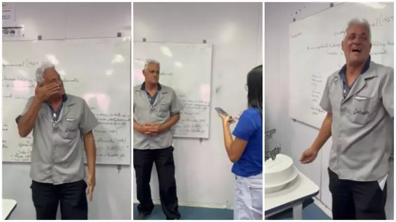 Na gravação, que viralizou, Sérgio entra em uma sala de aula e é recebido com aplausos e um bolo -  (crédito: Reprodução/Redes Sociais)