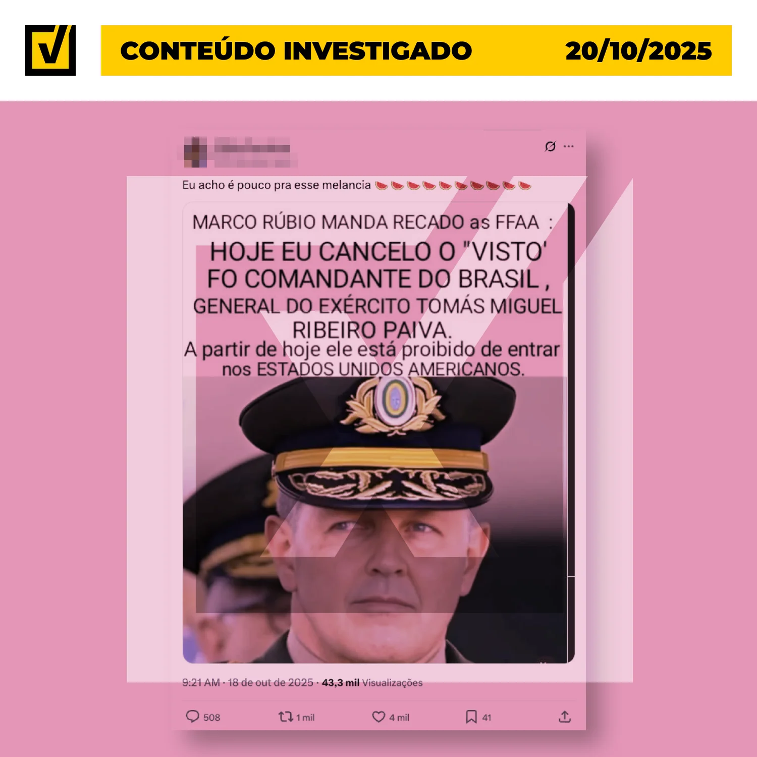 Governo dos EUA não cancelou o visto do general Paiva - Reprodução/Comprova