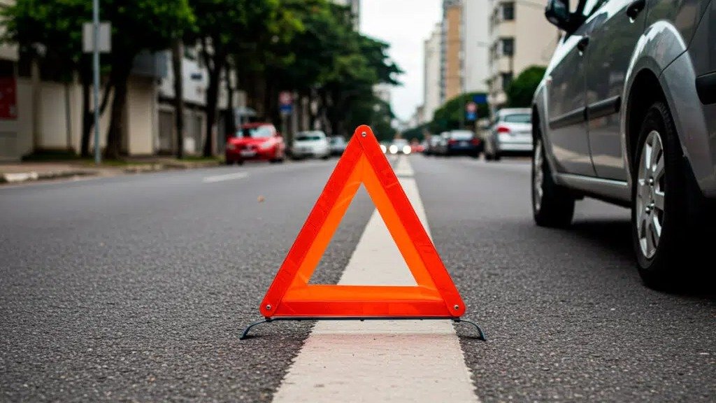 A correta sinaliza&ccedil;&atilde;o com o tri&acirc;ngulo &eacute; a primeira medida para proteger o local de um acidente e evitar novas colis&otilde;es, conforme orienta&ccedil;&otilde;es de seguran&ccedil;a vi&aacute;ria. -  (crédito: Reprodu&ccedil;&atilde;o/ Autoescola Pinheiros)
