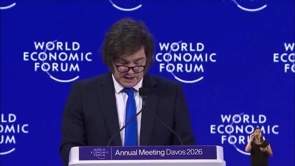Javier Milei, presidente da Argentina, discursa no F&oacute;rum Econ&ocirc;mico Mundial de Davos 2026, abordando a recupera&ccedil;&atilde;o econ&ocirc;mica do pa&iacute;s -  (crédito: Reprodu&ccedil;&atilde;o/ WCF)
