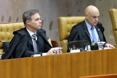 André Mendonça e Alexandre de Moraes, em sessão no Supremo Tribunal Federal -  (crédito:  Gustavo Moreno/STF)