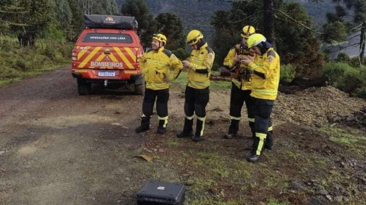 Bombeiros atuam na &aacute;rea de mata onde os destro&ccedil;os do helic&oacute;ptero de Rick Sollo foram localizados em Santa Catarina -  (crédito: AFP)