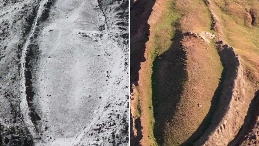 A forma&ccedil;&atilde;o Durup?nar, investigada como poss&iacute;vel Arca de No&eacute;, vista em fotografias a&eacute;reas de diferentes &eacute;pocas -  (crédito: Reprodu&ccedil;&atilde;o / Noah's Ark Scans)