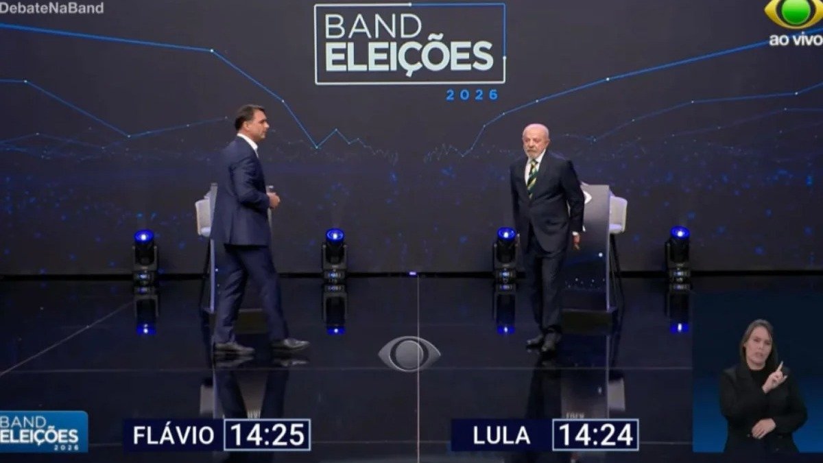 Fl&aacute;vio Bolsonaro e Lula se enfrentam em um dos debates presidenciais exibidos na televis&atilde;o, durante a campanha para as Elei&ccedil;&otilde;es 2026 -  (crédito: Reprodu&ccedil;&atilde;o / Band )