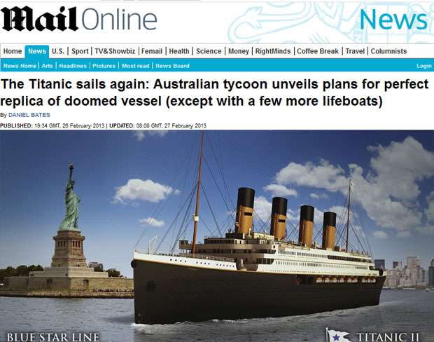 Divulgadas projeções de réplica do Titanic, que poderá entrar em operação em 2016 - Daily Mail/Reprodução