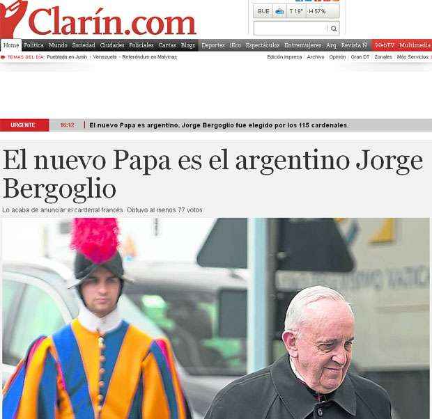 Jornais argentinos tratam como surpresa escolha de Mario Bergoglio - Reprodução/Clarin