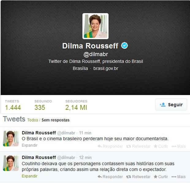Perfil oficial de Dilma no Twitter lamenta morte de Coutinho com erro de ortografia - Reprodução/Internet