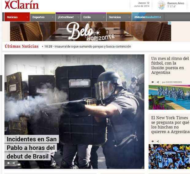 Jornais internacionais destacam protesto em São Paulo no primeiro dia da Copa - Capa do Clarín, da Argentina