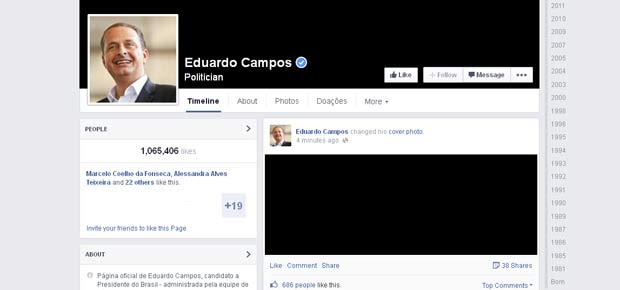 Perfis de Eduardo Campos e do PSB no Facebook usam tarja preta para simbolizar luto  - Reprodução Facebook 