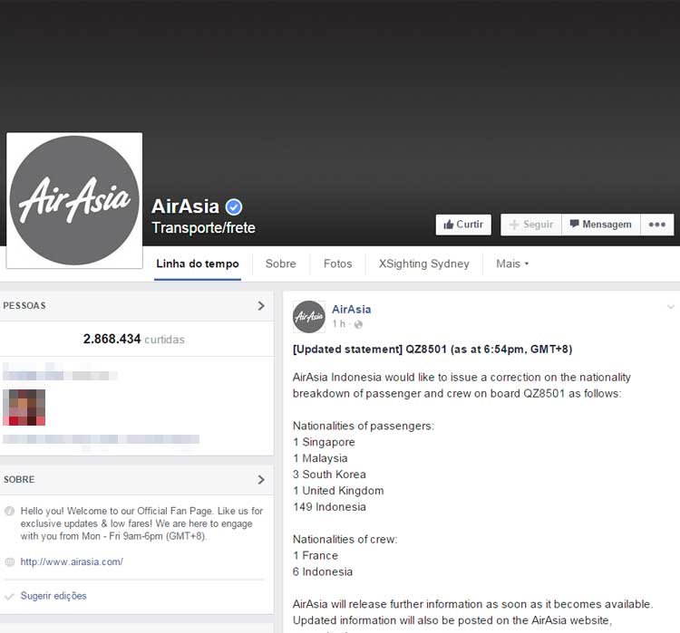 AirAsia usa Facebook e Twiiter para atualizar notícias sobre avião desaparecido - Reprodução