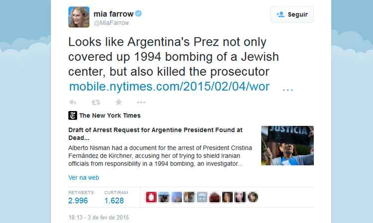 Mia Farrow diz no Twitter acreditar que Kirchner matou promotor argentino - Reprodução/Twitter