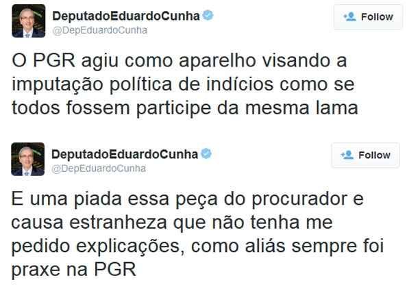 Cunha diz que Janot agiu como se todos fossem parte da 'mesma lama' - Reprodução/Twitter 