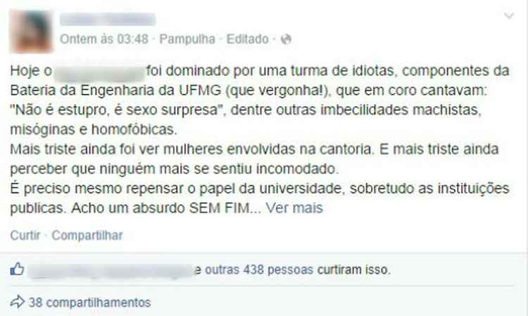 UFMG diz que não foi possível identificar envolvidos em caso de apologia ao estupro - Facebook/Reprodução