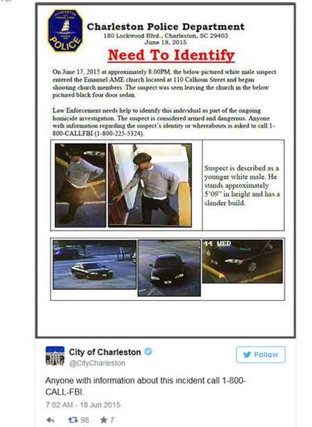 Suspeito do ataque em igreja de Charleston identificado como Dylann Roof, de 21 anos - Reprodução Twitter