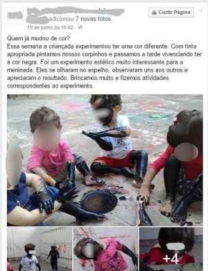 Escola de BH pinta crianças de preto durante aula e é acusada de racismo nas redes sociais - Reprodução/Facebook