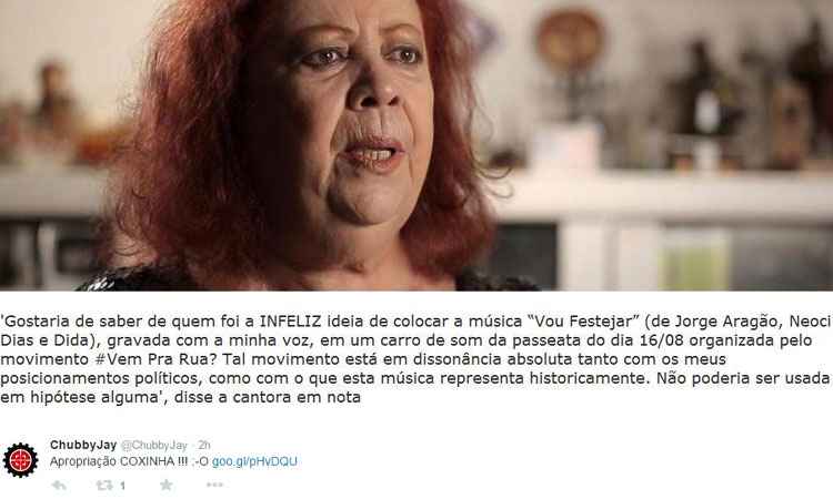 Beth Carvalho repudia uso da música "Vou Festejar' em ato contra Dilma - Reprodução/Internet