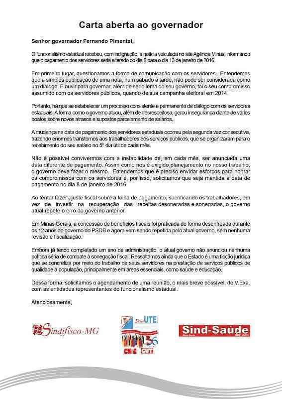 Em carta a Pimentel, sindicatos pedem reunião e pagamento dos servidores até o 5º dia útil