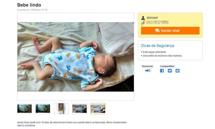 Anúncio de Contagem oferece bebê de 10 dias em site de compras - Reprodução internet