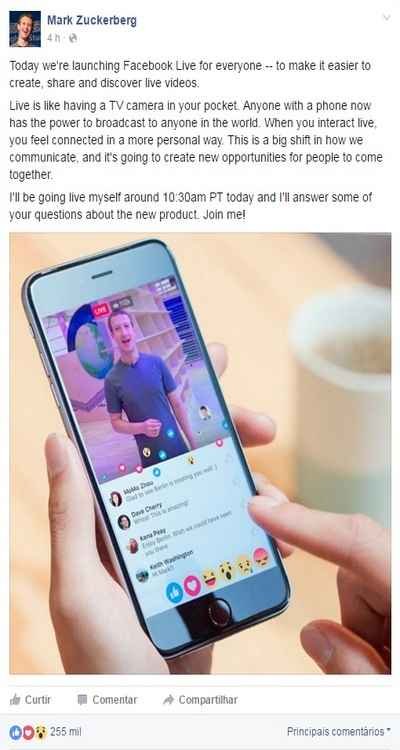 Facebook libera transmissão ao vivo para todos os usuários - Reprodução da Internet