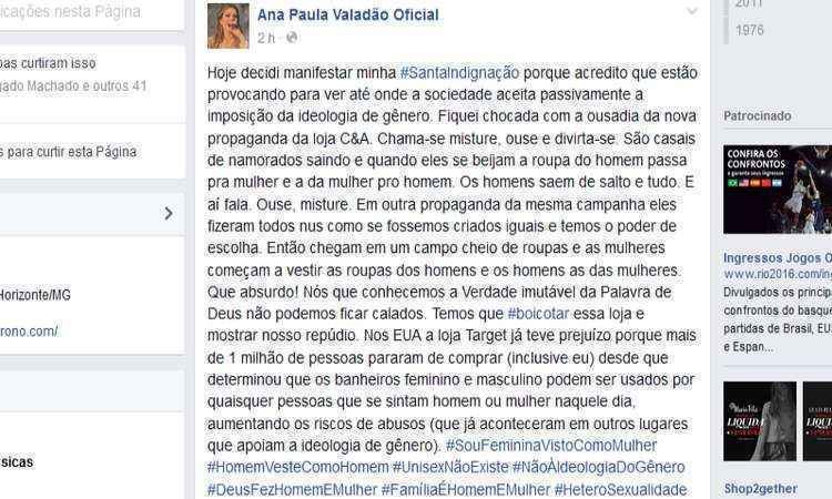 Cantora gospel Ana Paula Valadão prega boicote a loja por propaganda com homem de vestido  - Divulgação/Facebook