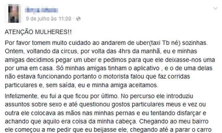 Universitária detalha ao EM assédio por motorista do Uber, em BH  - Facebook/Reprodução