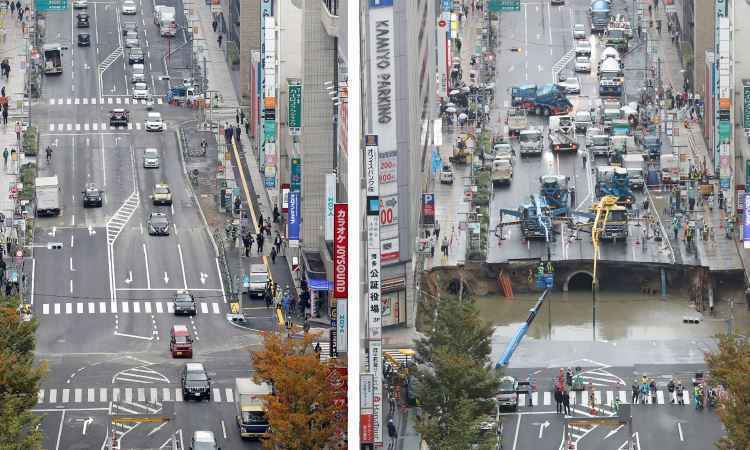 Cidade no Japão tapa buraco de 15m de profundidade em avenida em 48h - JIJI PRESS