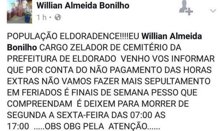 Coveiro no interior de São Paulo avisa que é 'proibido' morrer nos fins de semana - Reprodução/Facebook