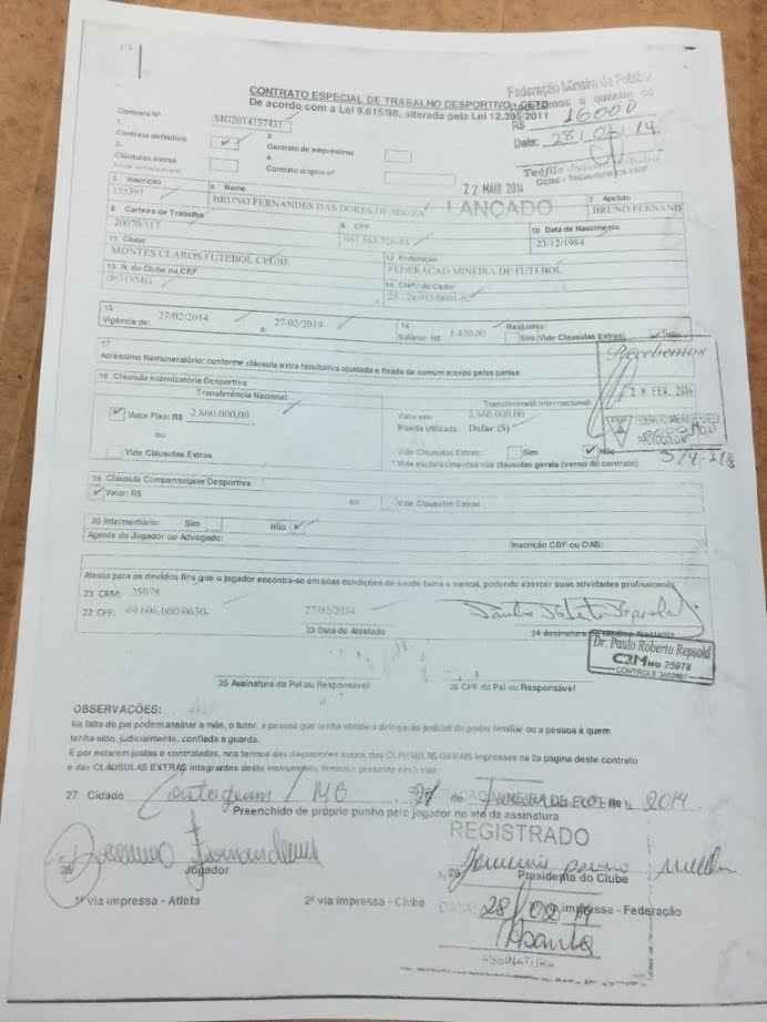 Time de Montes Claros insiste que goleiro Bruno tem contrato e mostra documento - Reprodução