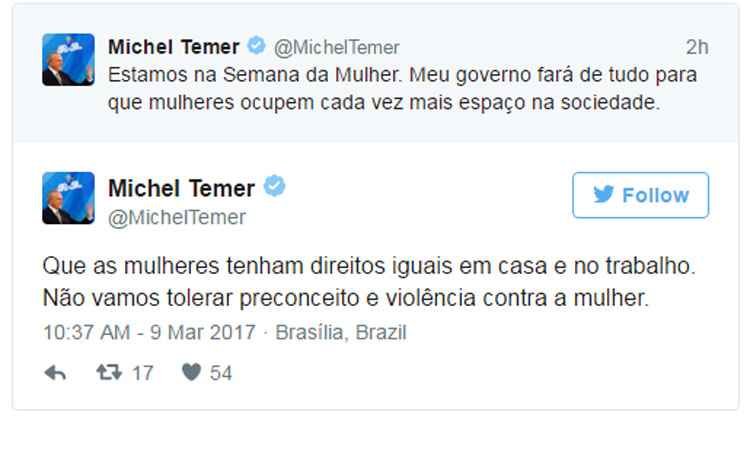 Temer usa redes sociais para corrigir discurso machista - Reprodução/Twitter