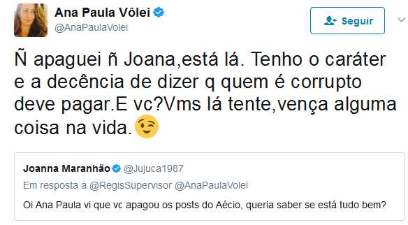 Ana Paula do vôlei e Joanna Maranhão trocam alfinetadas por causa de acusações contra Aécio