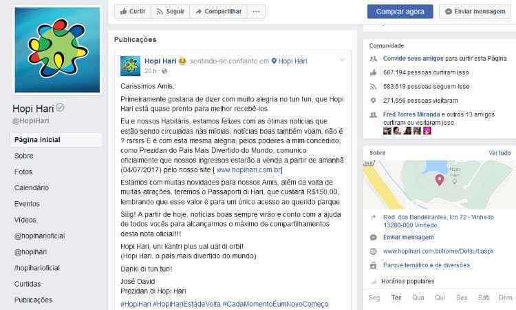 Hopi Hari anuncia ingressos a R$ 150, mesmo sem divulgar data para reabrir parque  - Reprodução/Facebook 