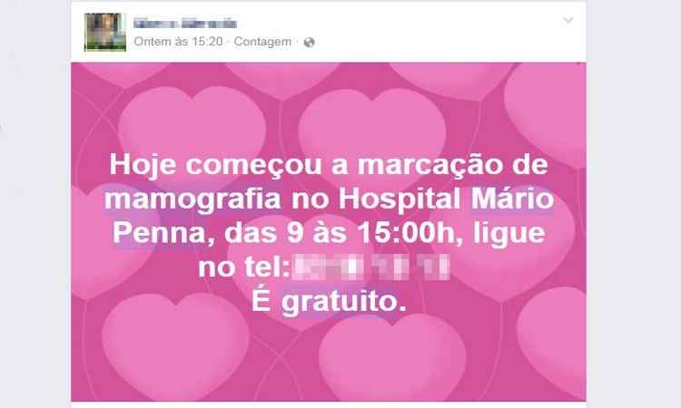 Boato de mamografia gratuita no Instituto Mário Penna circula nas redes sociais - Reprodução/Facebook