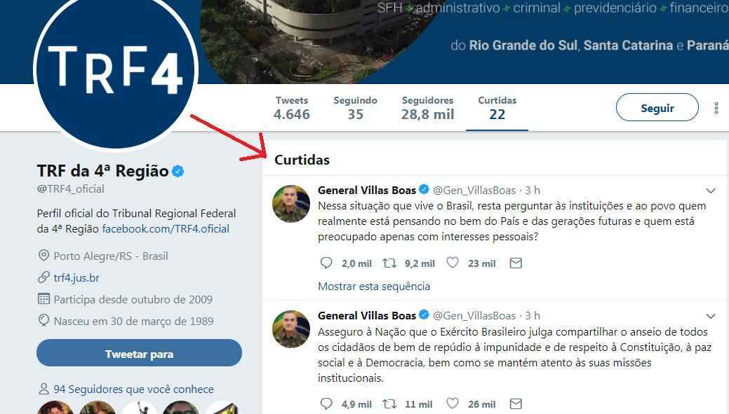 Tribunal da Lava-Jato nega ter curtido tuíte do general Villas Bôas - Reprodução/Twitter
