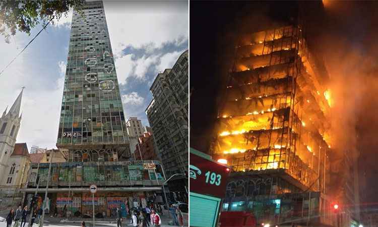 Veja o antes e depois do prédio que pegou fogo e desabou em São Paulo - Reprodução/Google StreetView e Divulgação/Bombeiros PMESP