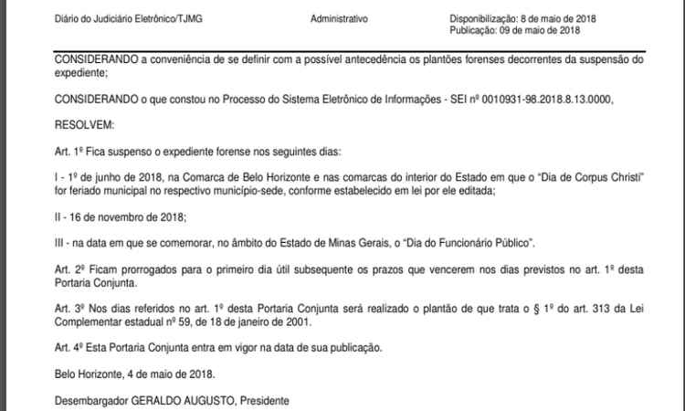 TJ de Minas libera emenda de feriados para magistrados e servidores em 2018 - Diário do Judiciário 