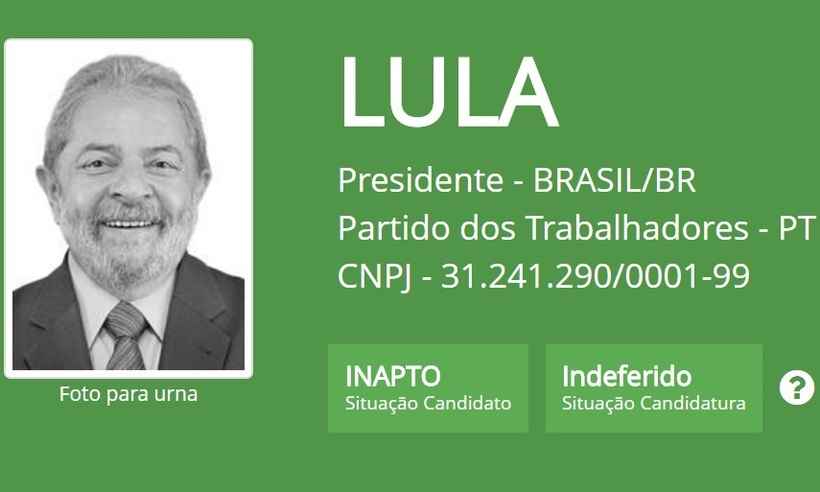 Lula já consta como candidato inapto no site do TSE - Divulgação Site TSE