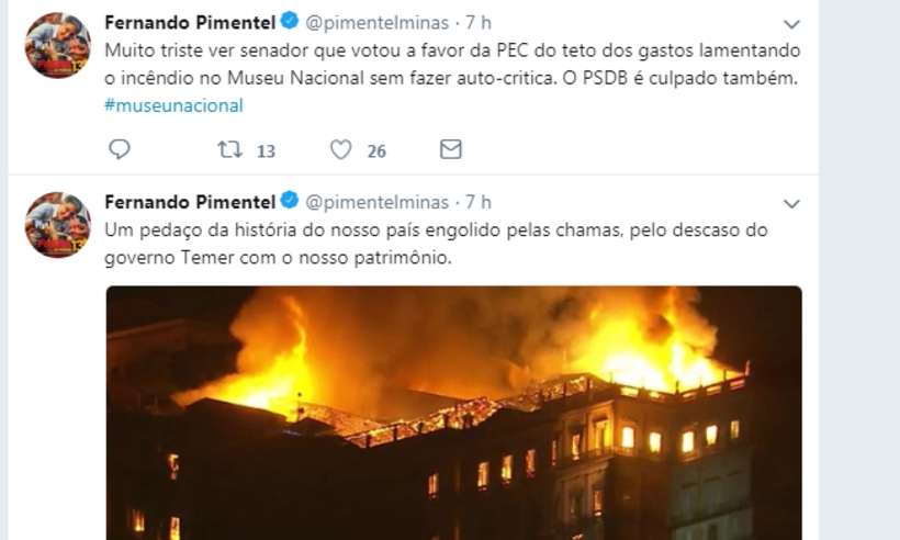 Pimentel acusa PSDB pelo incêndio do Museu Nacional; Anastasia diz que declaração é para 'rir' - Reprodução/Twitter