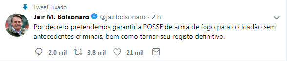 Bolsonaro diz que vai liberar posse de armas para cidadão 'sem antecedentes criminais' - Reprodução/Twitter