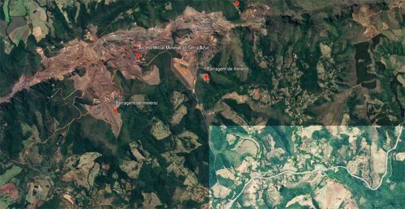 Se romper, barragem em Itatiaiuçu pode atingir a BR-381 e o Rio Manso - Reprodução/Google Earth
