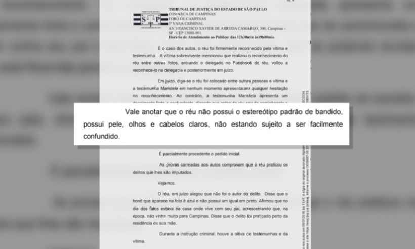 'Réu, de pele e olhos claros, não possui estereótipo de bandido', escreve juíza - Reprodução