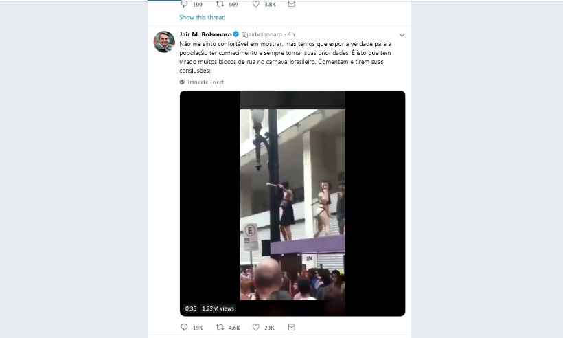 Bolsonaro questiona carnaval e publica vídeo obsceno em rede social - Reprodução/Twitter