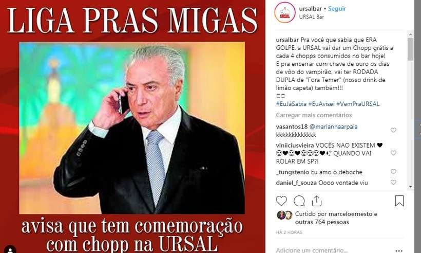 Bar de esquerda em BH lança promoção para 'brindar' prisão de Temer - Instagram/Reprodução