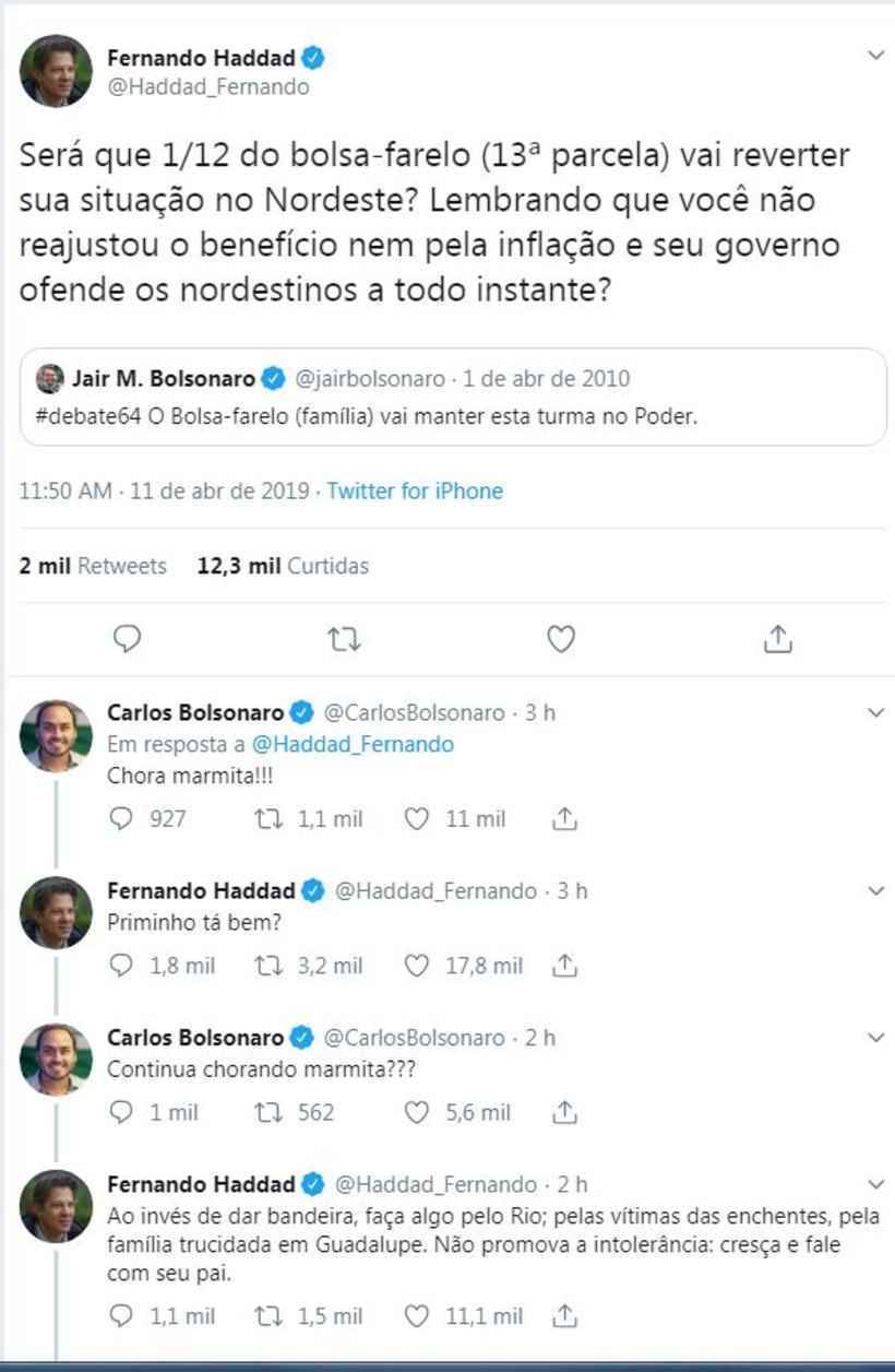 Carlos Bolsonaro e Haddad trocam farpas no Twitter: 'Chora marmita' e 'Priminho tá bem?' - Reprodução/Twitter 