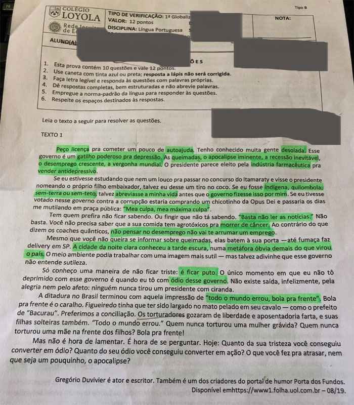 Pais reclamam de conteúdo crítico a Bolsonaro e colégio de BH anula prova - Reprodução