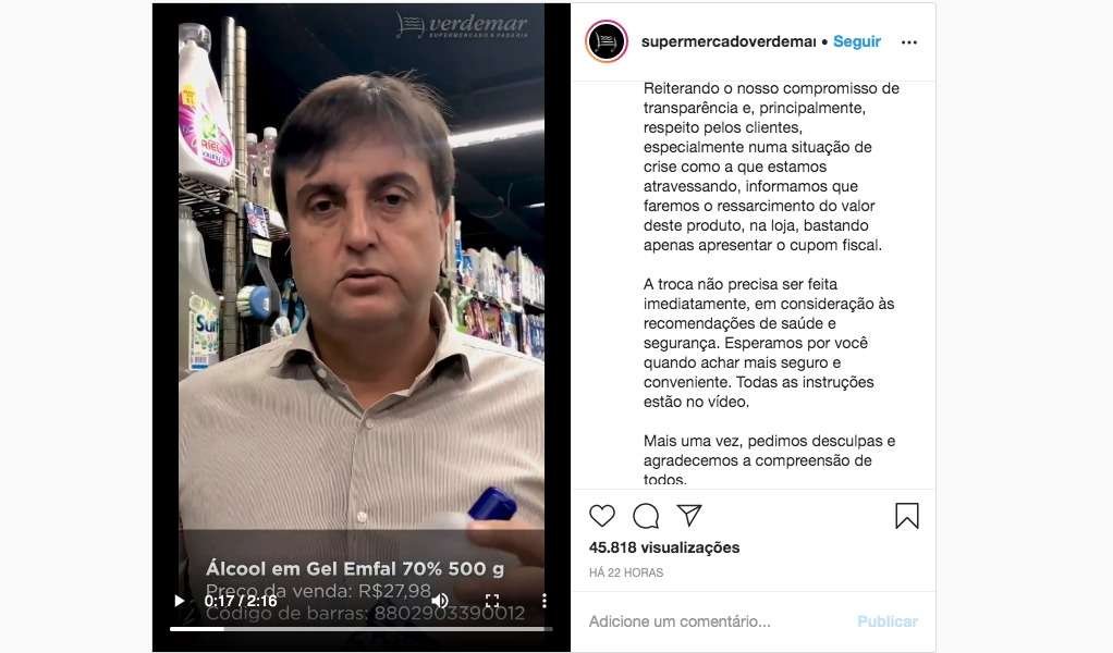Dono de supermercado de BH pede desculpas por preço do álcool em gel - Instagram / Reprodução