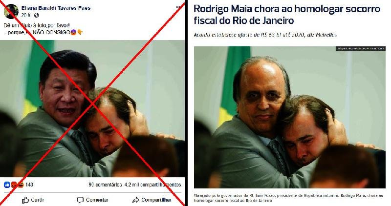 Checamos: Foto em que Rodrigo Maia abraça presidente chinês, Xi Jinping, é montagem