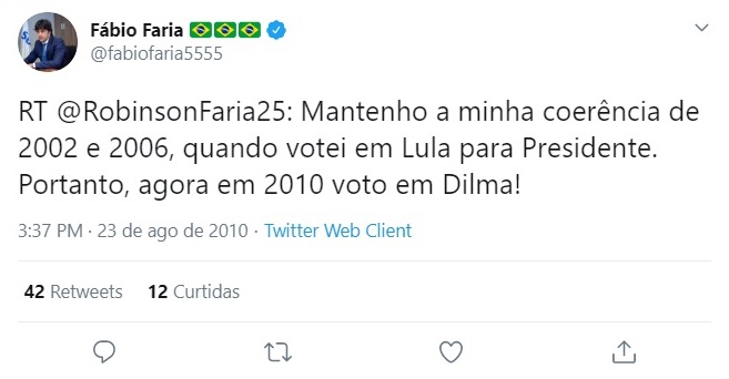 Novo ministro de Bolsonaro, Fábio Faria votou em Lula e Dilma - Reprodução/Twitter