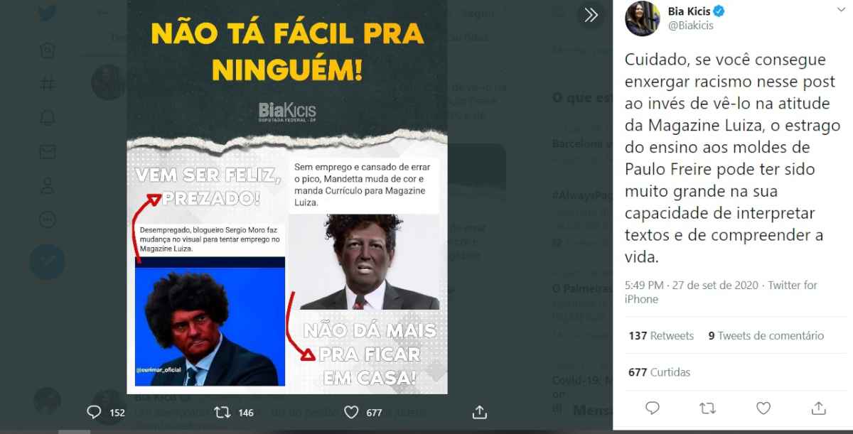 Deputada bolsonarista Bia Kicis faz post racista com Moro e Mandetta para 'criticar' Magazine Luiza - Reprodução