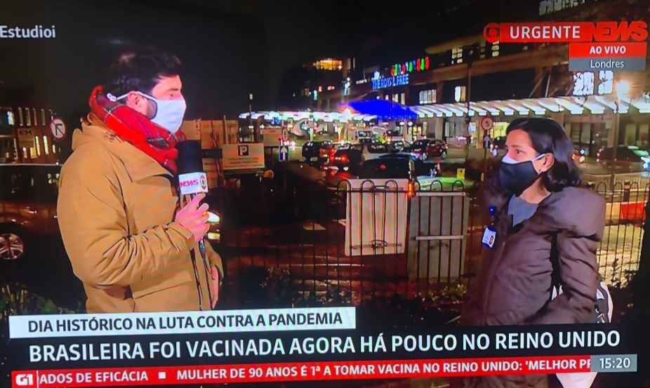 Carioca residente em Londres é a primeira brasileira a receber vacina  - Reprodução/Globo News